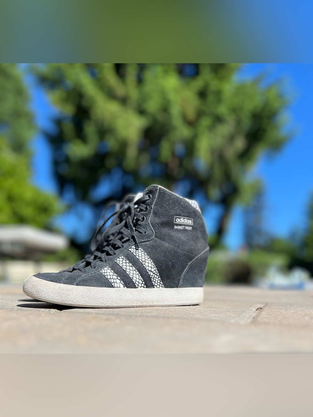 Adidas Basket Profi Women's 7.5 Black Suede Snakeskin High Top Wedge Sneakers